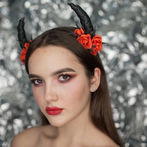 Black Devil Horns Headband: Red Rose Halloween Party Costume