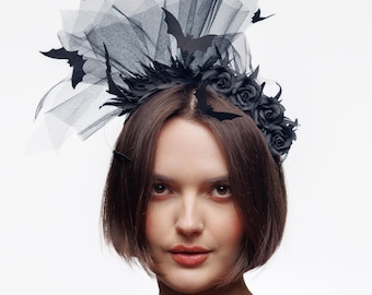 Black Bat Headband with Roses and Veil, Halloween Witch Vampire Costume Accessory