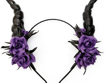 Black horns headband with purple flowers for Halloween party. Lightweight horns headpiece.