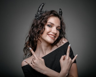 Black Devil Horns Headband: Handmade Foam Roses, Halloween Party