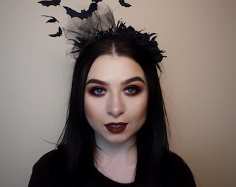 Black Bat Headband with Black Roses & Tulle, Gothic Halloween Headpiece, Vampire Witch Fascinator