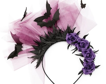 Bat headband with purple roses. Halloween Gothic headpiece. Fascinator headband.