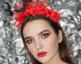 Gothic Halloween Headband Red Roses Black Bats Vampire Crown Headpiece