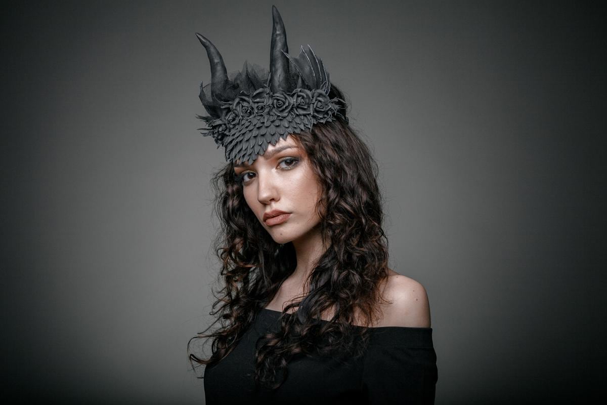 Dragon Horn Headband: Black Scales, Wings, Silver Glitter, Roses, Veil - Gothic Cosplay Crown