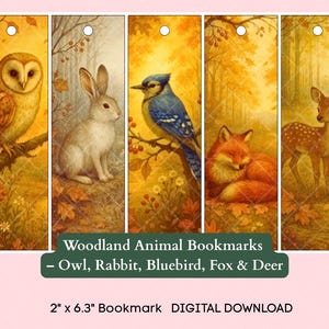 Woodland Animal Bookmarks: Owl, Fox, Deer, Rabbit, Bluebird (Digital Download)