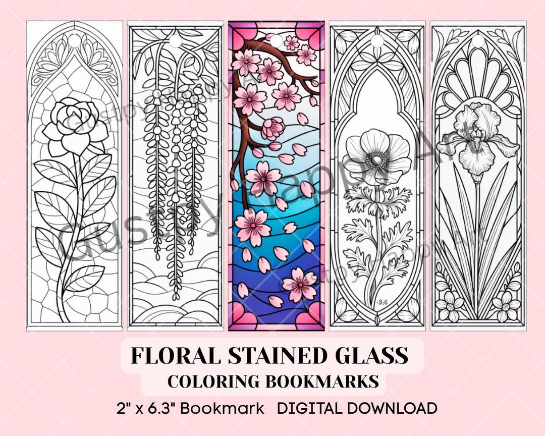 Coloring Bookmark Set: Booklover Floral Stained Glass Rose Botanical ...