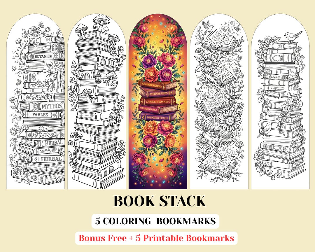Fav Color Book Stack Book Stack Coloring Bookmarks: Book Lover Printable Bookmark Set (PDF ...