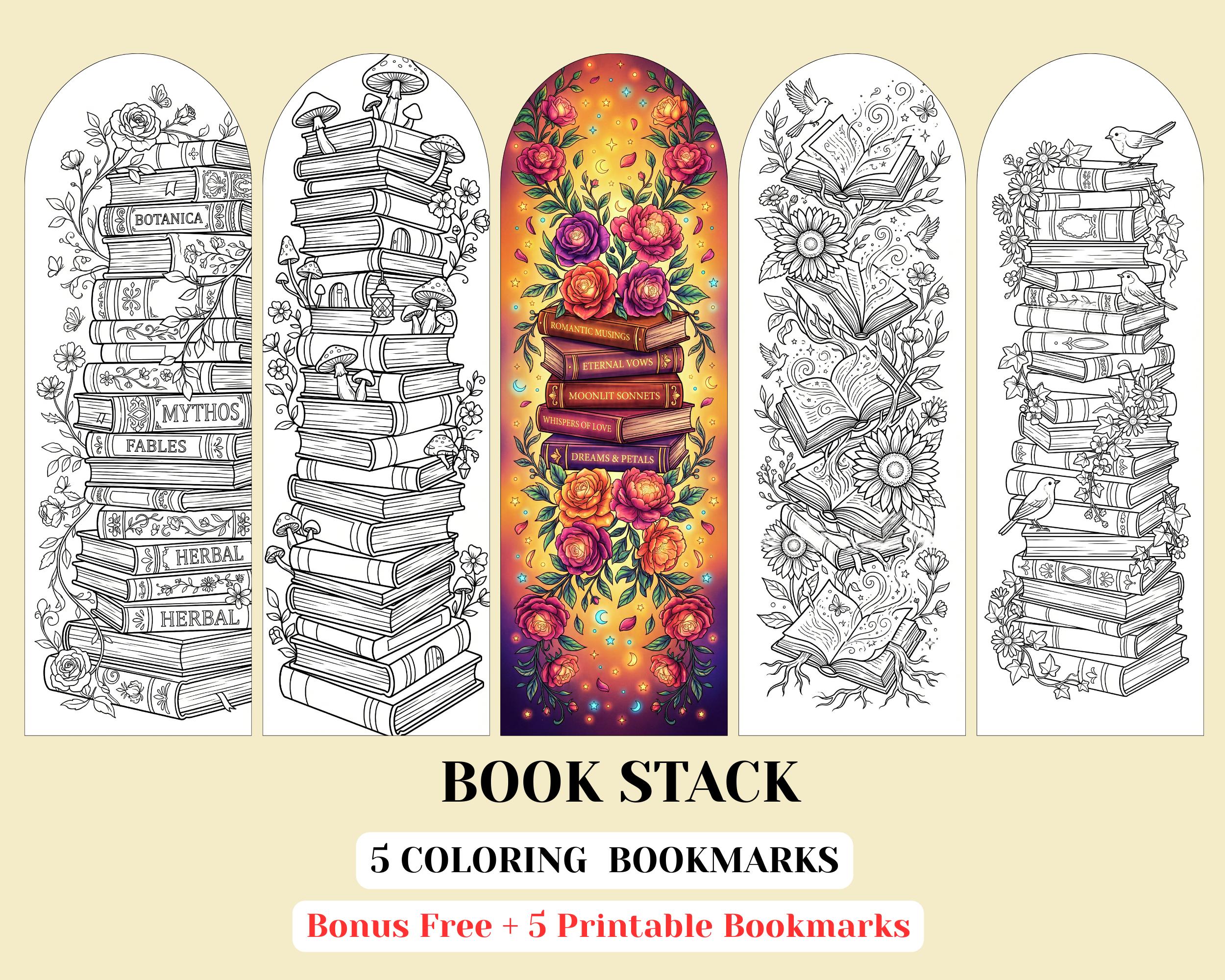 Book Stack Colur In Book Stack Coloring Bookmarks: Book Lover Printable Bookmark Set (PDF ...