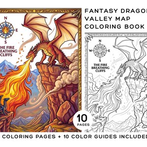 Fantasy Dragon Valley Map Coloring Book, 10 Printable Pages with Reference Guides, PDF