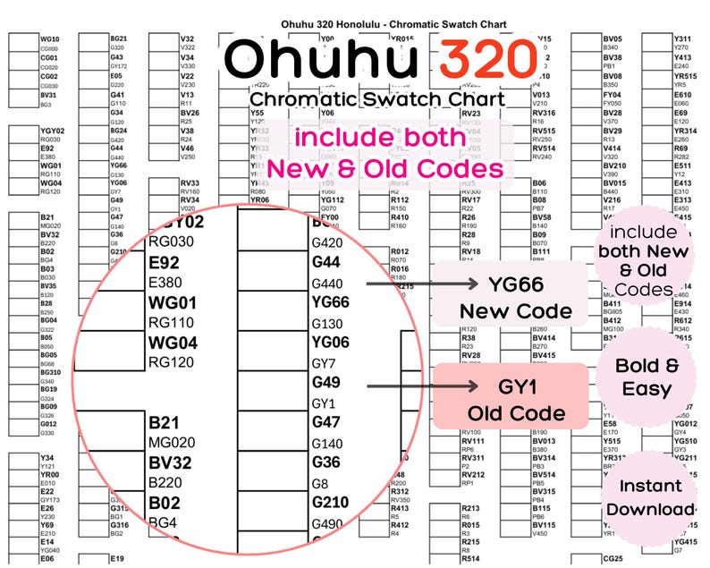 Ohuhu 320 Swatch Chart Printable: New & Old Code Conversion Color Chart ...