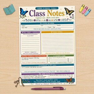May include: A printed ADHD school tools class notes worksheet featuring sections for headers, key terms, main notes, important points, action items, and summaries. The page is decorated with colorful butterfly illustrations and floral borders.