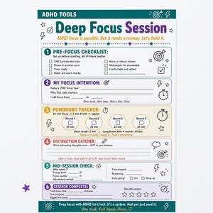 May include: A white paper planner sheet titled ADHD TOOLS Deep Focus Session with colorful sections. It includes a pre-focus checklist, focus intention, pomodoro tracker, distraction catcher, mid-session check, and session complete sections.