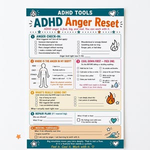 May include: A rectangular ADHD Anger Reset worksheet printed on white paper. The document features six numbered sections including an anger check-in, body map, cool down strategies, emotional triggers, a repair plan, and moving forward steps.