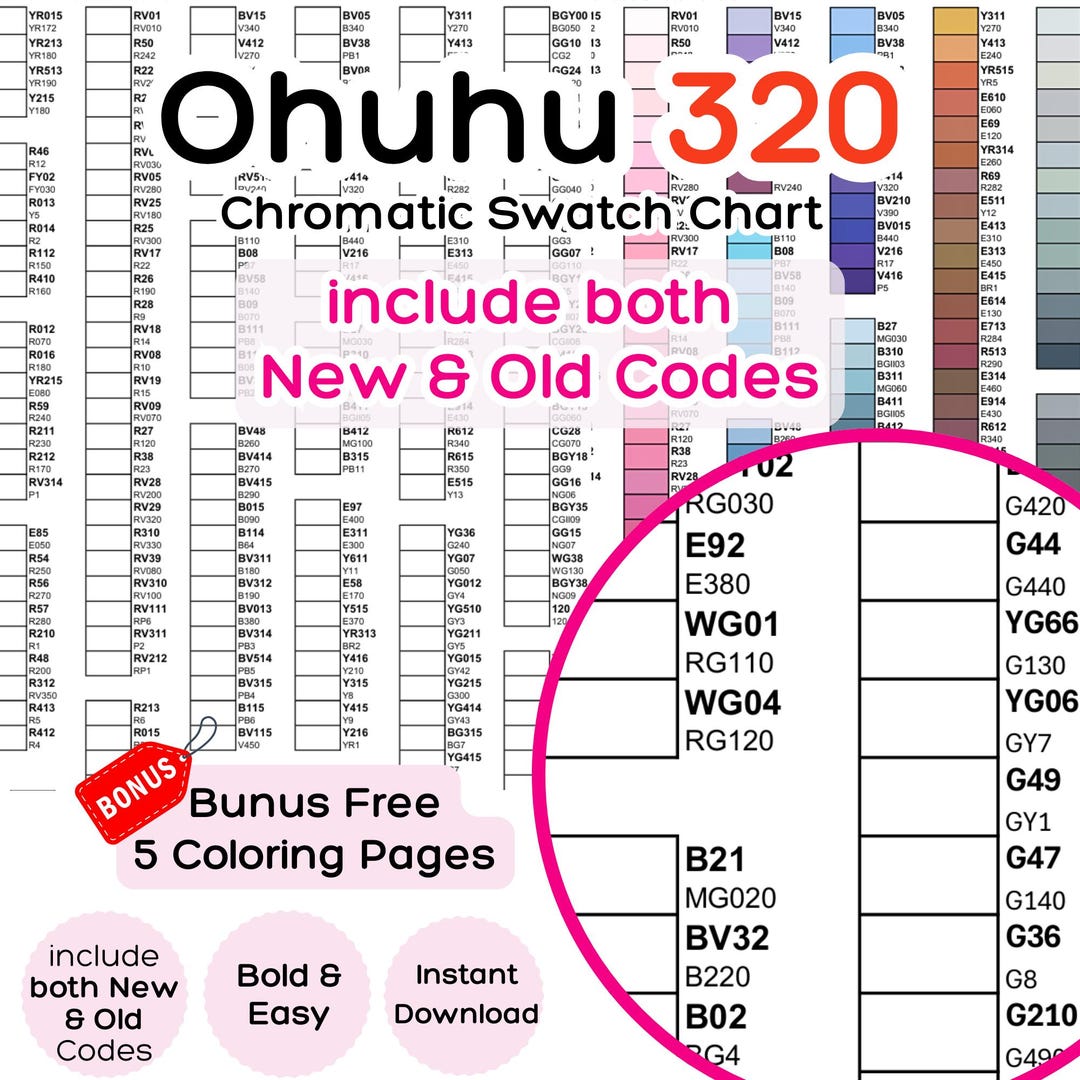 Ohuhu 320 Swatch Chart Printable: New & Old Code Conversion Color Chart ...