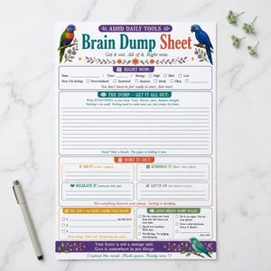 May include: A white ADHD daily tools brain dump sheet with colorful parrot illustrations. The paper includes sections for date, time, energy levels, feelings, a large lined dump area, sorting categories, top actions, and rules for brain dumping.