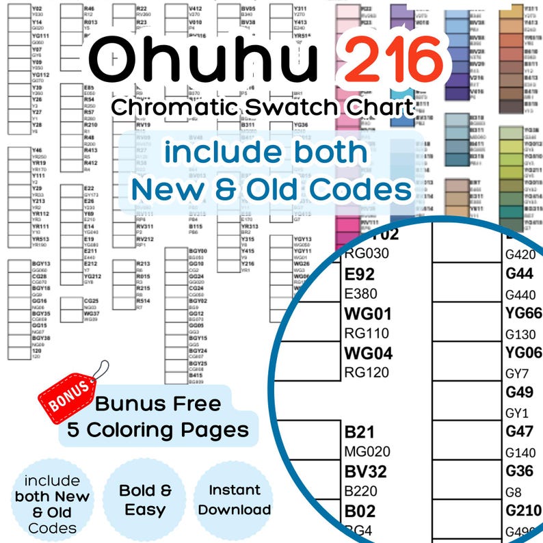Ohuhu 216 Swatch Chart Printable: New & Old Code Conversion Color Chart ...