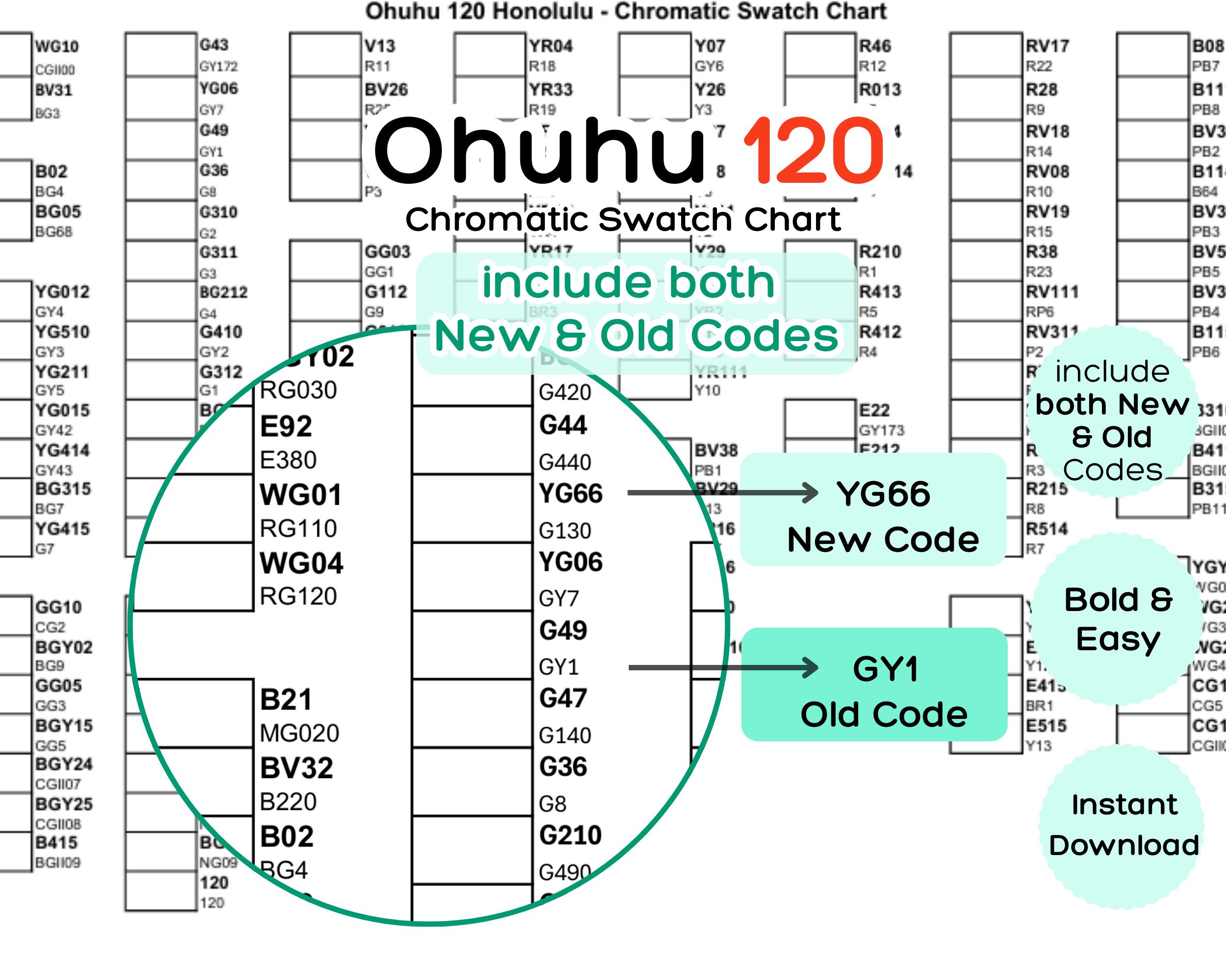 Ohuhu 120 Swatch Chart Printable: New & Old Code Conversion Color Chart ...