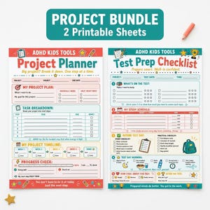 Puede incluir: Un paquete de proyectos de dos hojas imprimibles tituladas ADHD Kids Tools. La hoja izquierda es un planificador de proyectos con secciones para plan, desglose de tareas, cronograma y progreso. La hoja derecha es una lista de verificación de preparación para exámenes.