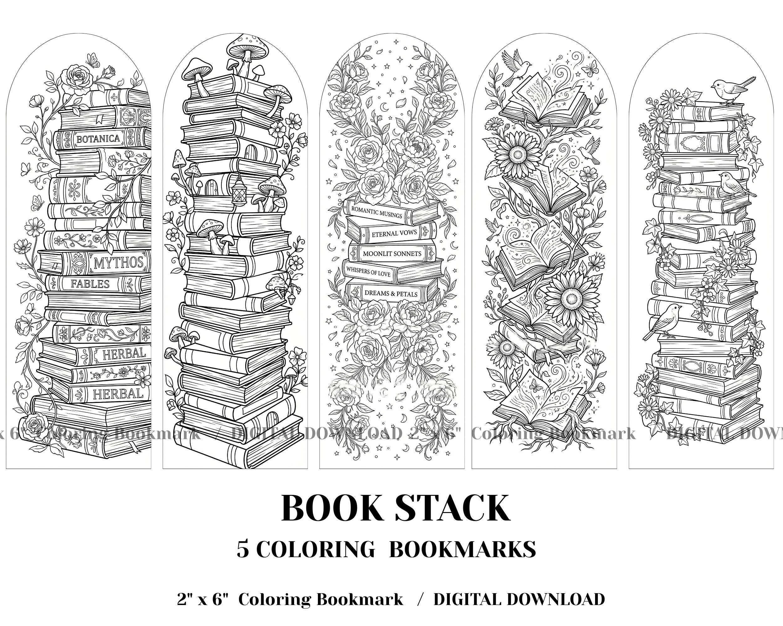 Book Stack Colur In Book Stack Coloring Bookmarks: Book Lover Printable Bookmark Set (PDF ...