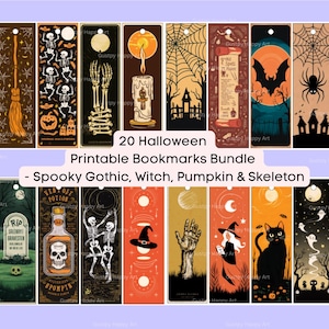 20 Halloween Printable Bookmarks Bundle: Spooky Gothic Witch Pumpkin Skeleton (PDF Digital Download)