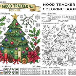 Könnte beinhalten: Eine Malbuchseite mit dem Titel MOOD TRACKER DECEMBER, die einen Weihnachtsbaum, Weihnachtssterne, Stechpalmen und Tannenzapfen zeigt. Das Layout umfasst ein Banner, eine große zentrale Illustration und einen Tracker-Streifen mit Kalender.