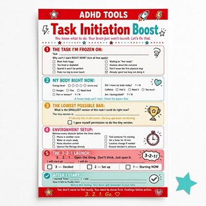 May include: A white ADHD Tools Task Initiation Boost worksheet with red, blue, yellow, and green sections. It features numbered steps from 1 to 5, including checklists, blank lines for writing, and icons like a rocket, trophy, timer, and stars.