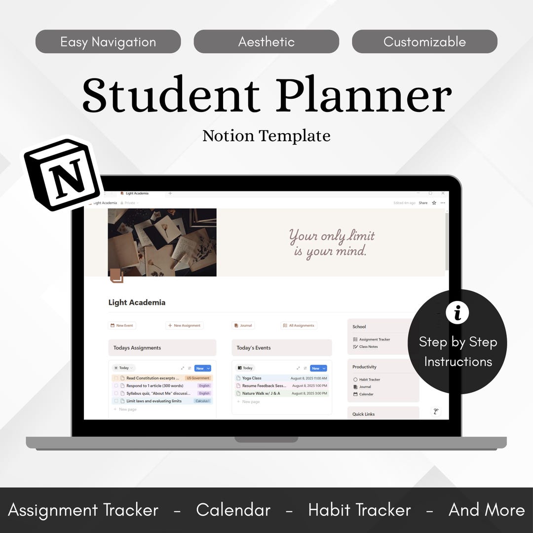 Notion Student Planner Template: Assignment Tracker, Academic Dashboard ...