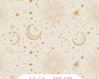 Papel digital con estampado sin costuras de sol, luna y estrellas Boho Cosmic Bliss - Descarga instantánea / Clipart