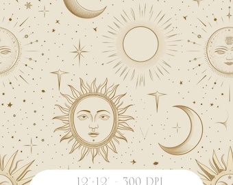 Celestial Sun Moon Stars Seamless Pattern Digital Paper (Instant Download)