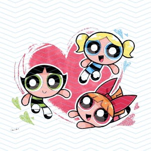 May include: Illustration of the Powerpuff Girls, featuring Blossom, Bubbles, and Buttercup, with a red heart background and a light blue zigzag pattern. The characters are in their signature colors: pink, blue, and green.