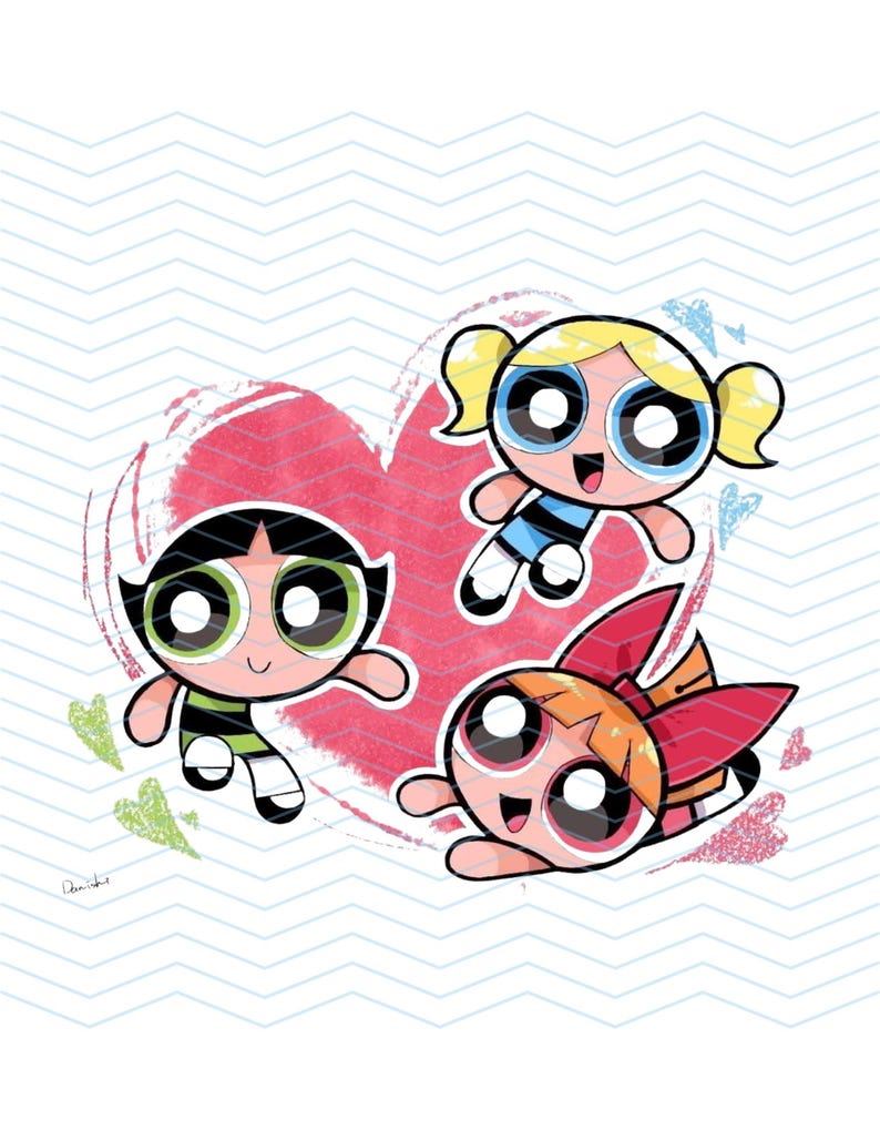May include: Illustration of the Powerpuff Girls, featuring Blossom, Bubbles, and Buttercup, with a red heart background and a light blue zigzag pattern. The characters are in their signature colors: pink, blue, and green.