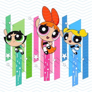May include: Illustration of the Powerpuff Girls, Blossom, Bubbles, and Buttercup, in mid-air. Blossom has orange hair and a pink dress, Bubbles has blonde pigtails and a blue dress, and Buttercup has black hair and a green dress. The background has colorful stripes and stars.