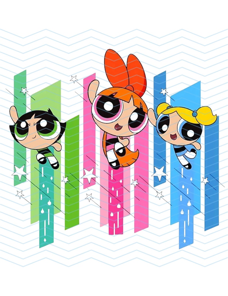 May include: Illustration of the Powerpuff Girls, Blossom, Bubbles, and Buttercup, in mid-air. Blossom has orange hair and a pink dress, Bubbles has blonde pigtails and a blue dress, and Buttercup has black hair and a green dress. The background has colorful stripes and stars.