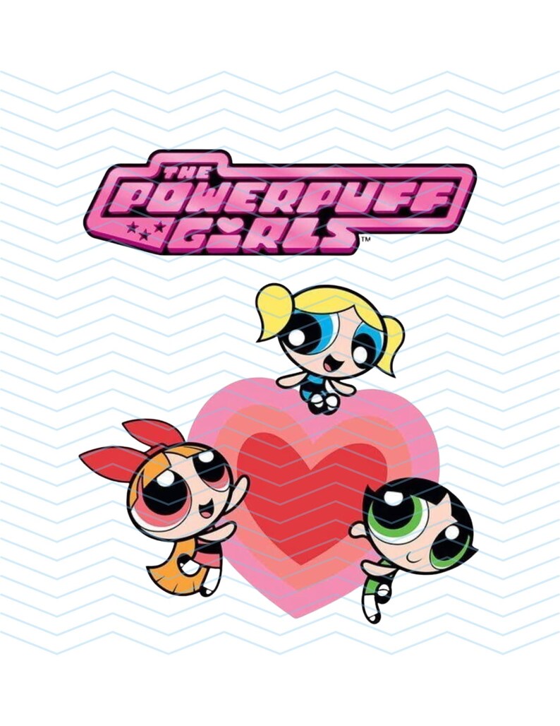 May include: A graphic featuring the Powerpuff Girls logo in pink, with three cartoon characters in the foreground. The characters are in the colors of red, blue, and green, with a pink heart in the background.