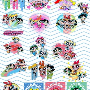 May include: A sheet of Powerpuff Girls stickers featuring the characters Blossom, Bubbles, and Buttercup. The stickers showcase the trio in various poses, with hearts, rainbows, and the show's logo. The background has a blue and white chevron pattern.