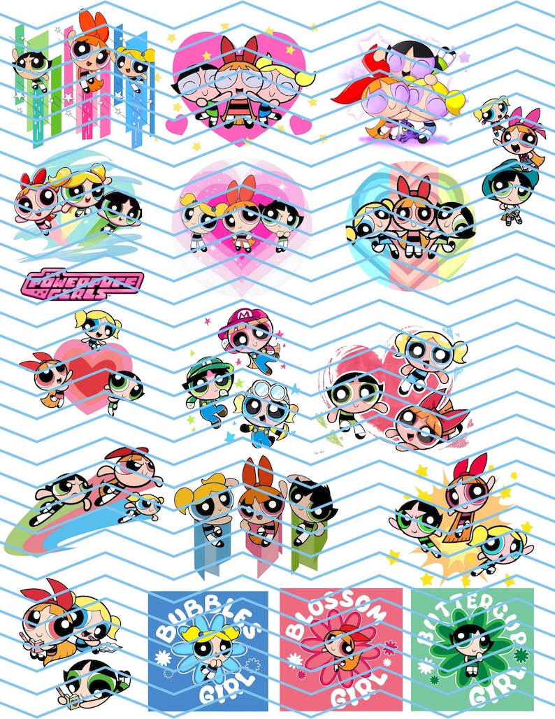 May include: A sheet of Powerpuff Girls stickers featuring the characters Blossom, Bubbles, and Buttercup. The stickers showcase the trio in various poses, with hearts, rainbows, and the show's logo. The background has a blue and white chevron pattern.