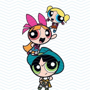 May include: Illustration of the Powerpuff Girls. Blossom, with a pink bow and orange hair, is at the top. Buttercup, with a green hat and black hair, is at the bottom. Bubbles, with blonde pigtails, is in the middle.