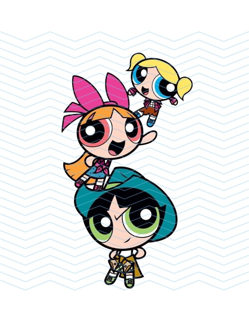 May include: Illustration of the Powerpuff Girls. Blossom, with a pink bow and orange hair, is at the top. Buttercup, with a green hat and black hair, is at the bottom. Bubbles, with blonde pigtails, is in the middle.