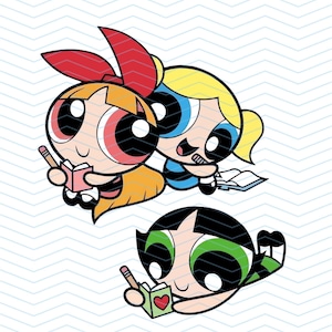 May include: Illustration of the Powerpuff Girls, Blossom, Bubbles, and Buttercup, each holding a pencil and a book. Blossom has orange hair and a red bow. Bubbles has blonde hair and a blue outfit. Buttercup has black hair and a green outfit.