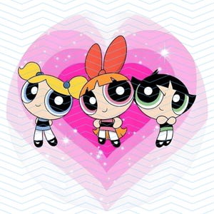 May include: Illustration of the Powerpuff Girls, Blossom, Bubbles, and Buttercup, standing in front of a pink heart-shaped background. Blossom has red hair and a red bow, Bubbles has blonde hair, and Buttercup has black hair. Each girl wears a dress and has large eyes.