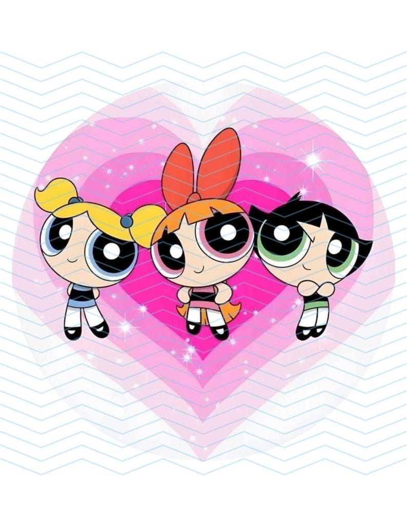 May include: Illustration of the Powerpuff Girls, Blossom, Bubbles, and Buttercup, standing in front of a pink heart-shaped background. Blossom has red hair and a red bow, Bubbles has blonde hair, and Buttercup has black hair. Each girl wears a dress and has large eyes.