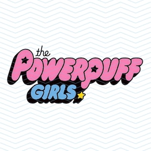 May include: The Powerpuff Girls logo in pink, blue, and yellow on a white background with a zig-zag pattern. The text "the Powerpuff Girls" is in a bubble letter style with a black outline. Stars are incorporated into the design.