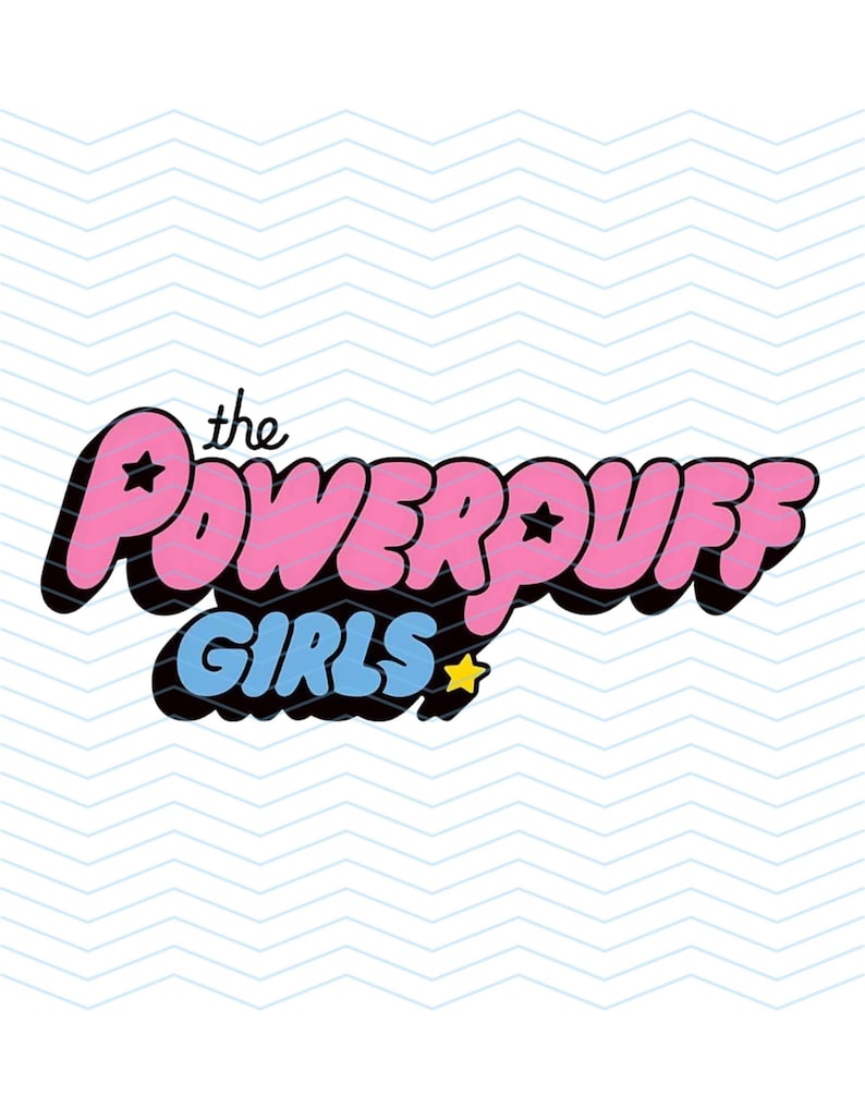 May include: The Powerpuff Girls logo in pink, blue, and yellow on a white background with a zig-zag pattern. The text "the Powerpuff Girls" is in a bubble letter style with a black outline. Stars are incorporated into the design.