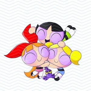May include: A digital illustration of the Powerpuff Girls, featuring Blossom with red hair, Bubbles with blonde hair, and Buttercup with black hair. They are hugging, with a purple creature at their feet, set against a white and blue zigzag background.
