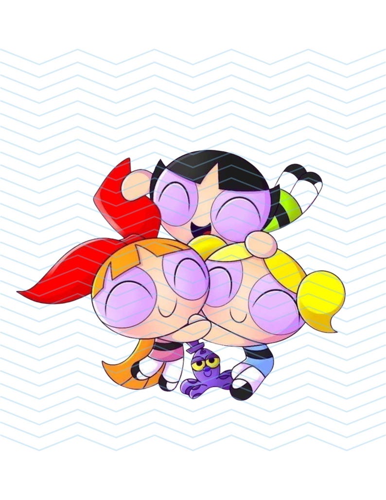 May include: A digital illustration of the Powerpuff Girls, featuring Blossom with red hair, Bubbles with blonde hair, and Buttercup with black hair. They are hugging, with a purple creature at their feet, set against a white and blue zigzag background.