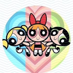 May include: Illustration of the Powerpuff Girls, Blossom, Bubbles, and Buttercup, in a colorful, circular design. Blossom has orange hair and a red bow, Bubbles has blonde pigtails, and Buttercup has black hair. The background features a heart shape.