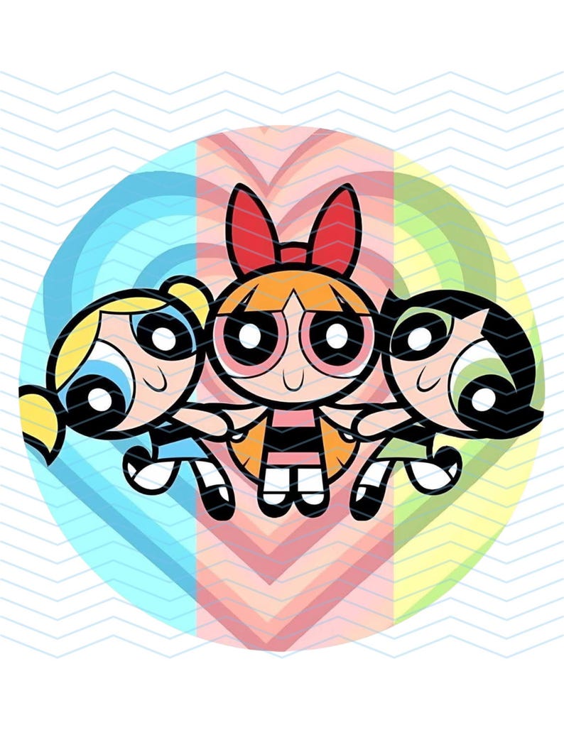 May include: Illustration of the Powerpuff Girls, Blossom, Bubbles, and Buttercup, in a colorful, circular design. Blossom has orange hair and a red bow, Bubbles has blonde pigtails, and Buttercup has black hair. The background features a heart shape.