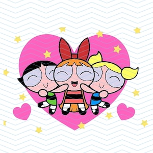 May include: A cartoon illustration of three girls from the Powerpuff Girls, each with large eyes and smiles, embracing in front of a pink heart. The girls are wearing dresses in green, orange, and blue. Yellow stars and pink hearts are scattered around.