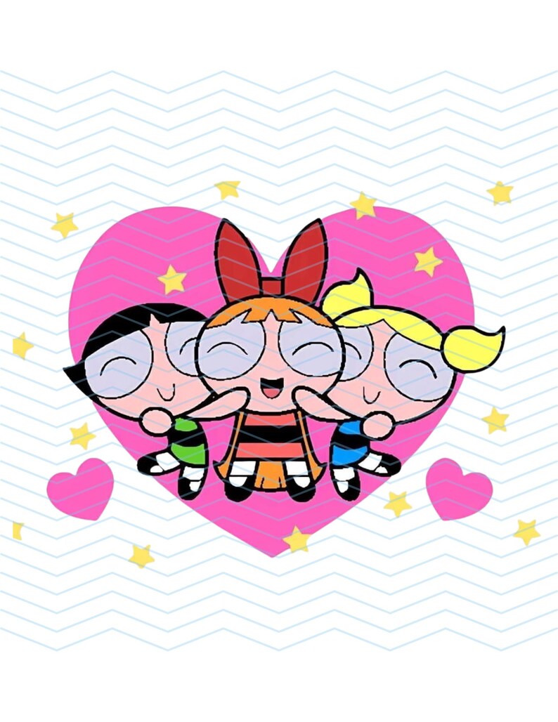 May include: A cartoon illustration of three girls from the Powerpuff Girls, each with large eyes and smiles, embracing in front of a pink heart. The girls are wearing dresses in green, orange, and blue. Yellow stars and pink hearts are scattered around.