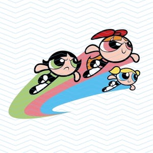 May include: Cartoon image of the Powerpuff Girls flying. Blossom with a red bow, Bubbles with blonde pigtails, and Buttercup with black hair, all in their signature outfits, are depicted in mid-air, leaving a colorful trail.